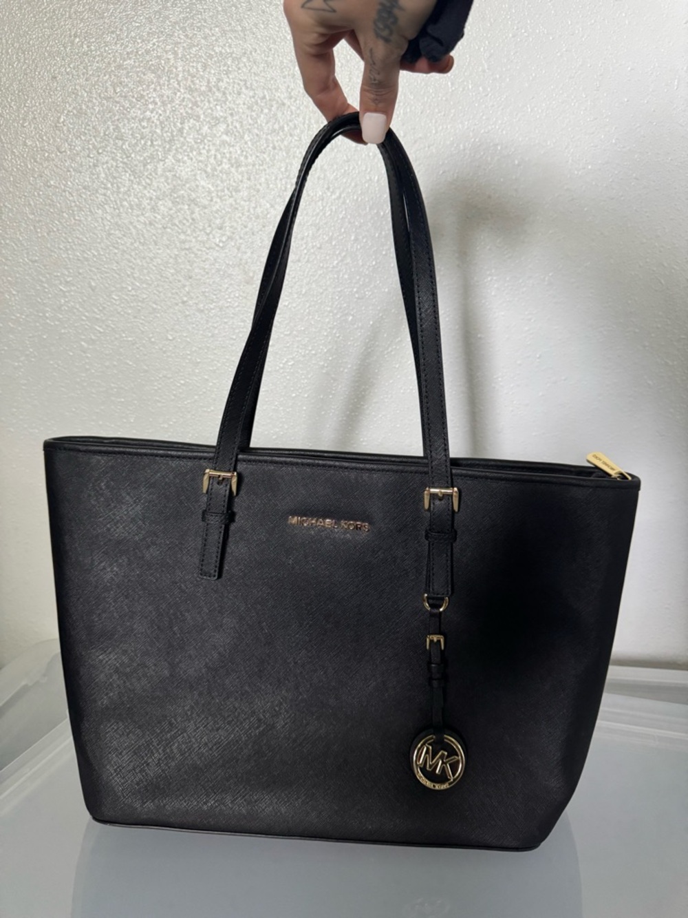 Michael Kors Black Leather Tote with Gold Accents
